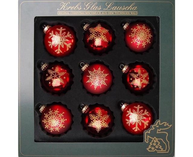 Krebs Glas Lauscha Weihnachtsbaumkugel Schneeflocke, Weihnachtsdeko rot, Christbaumschmuck (9 St), hochwertige Christbaumkugeln aus Glas, mundgeblasen, rot