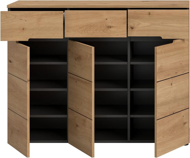 Home affaire Garderobenschrank REHAT, TOPSELLER!, Breite 120 cm, 3 Türen, 3 Schubkästen, 12 Fächer (1-St., in verschiedenen Farben erhältlich, Platz für ca. 24 Paar Schuhe) Schuhschrank, Kommode, Schuhkommode, Anrichte, Sideboard