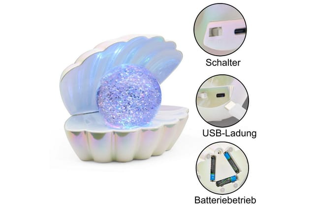 Reality Leuchten LED Tischleuchte SHELLY, Deko Tischlampe in Muschelform mit RGB Farbwechsel, 0,8W 15Lm, Ein-/Ausschalter, Farbwechsel, USB-Ladefunktion, LED fest integriert, RGB, Muschel Tischlampe mit Glitzerkugel und Farbwechsel inkl USB-Ladekabel