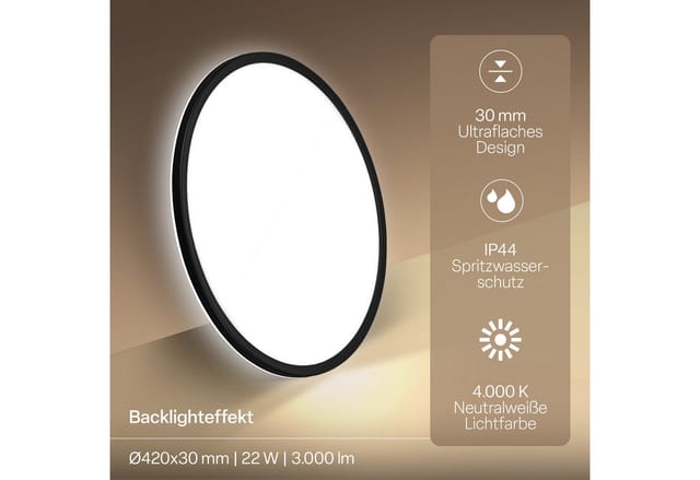 B.K.Licht LED Panel SHALLOW, LED fest integriert, Neutralweiß, 42x3 cm, Badlampe, Badezimmer, Küche, Wohnzimmer