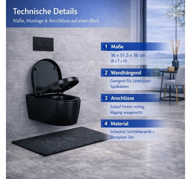 welltime Tiefspül-WC Vigo, wandhängend, Abgang waagerecht, spülrandlose Toilette aus Sanitärkeramik, inkl. WC-Sitz mit Softclose