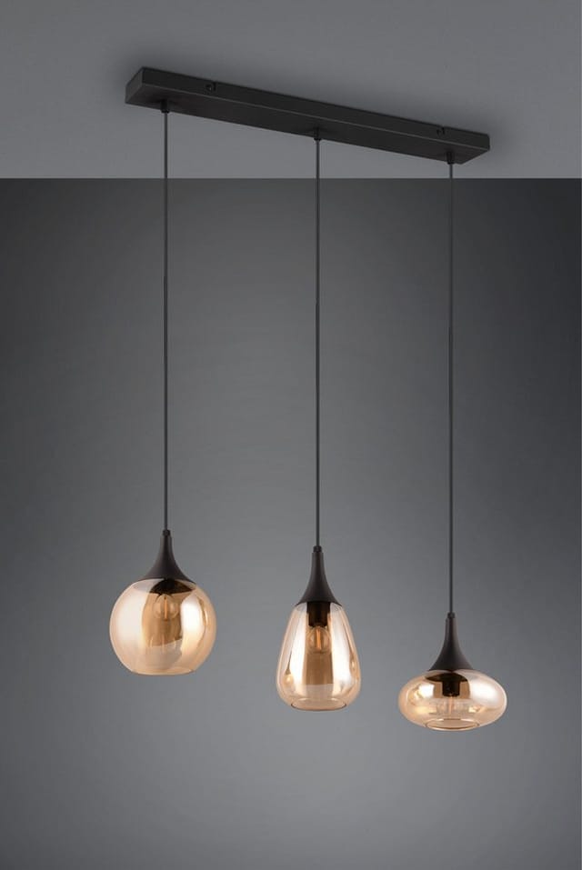 TRIO Leuchten Pendelleuchte Lumina, E14 Hängelampe 3-flammig Glasschirme in 3 Formen amberfarbig, Leuchtmittel wechselbar, warmweiß - kaltweiß, exkl 3x E14 max 40W, Hängeleuchte höhenverstellbar bis max 150 cm