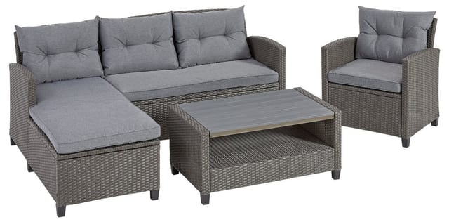 KONIFERA Gartenlounge-Set Cordoba, (Set, 11-tlg., 2x Bank, 1x Sessel, 1x Tisch 90x55x43cm, inkl. Auflagen), Polyratten, Stahl, Tischplatte aus Nonwood, geeignet für 4 Personen