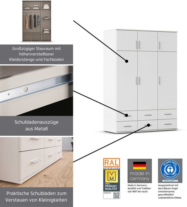 rauch Kleiderschrank Schrank Drehtürenschrank Ankleide Garderobe Schlafzimmerschrank KEMI (Breiten: 90/135/180 cm, Höhe 194 cm) mit Schrankaufsatz und Schubladen, extra viel Stauraum MADE IN GERMANY