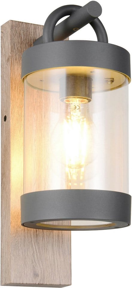 TRIO Leuchten Außen-Wandleuchte SAMBESI, Laternen Optik Hauswand, exkl 1x E27 max 28W Dämmerungssensor, Leuchtmittel wechselbar, warmweiß - kaltweiß, Fassadenbeleuchtung aus Alu Druckguss, Rückenplatte Holz Nachbildung