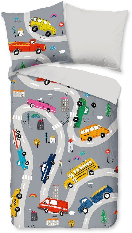 PURE luxury collection Kinderbettwäsche Voyage, Microfaser, 2 teilig, Mikrofaser, 135x200, 2 Teilig, Wendeoptik, Kind, Junge, Auto