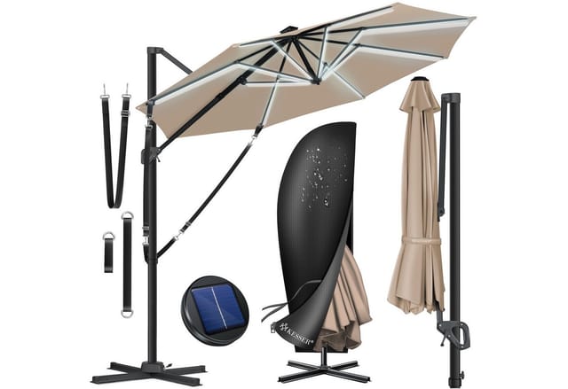 Kesser® Ampelschirm Sun Xl Ø330 Cm, Drehbar, Uv50+ - Taupe, Mit Led