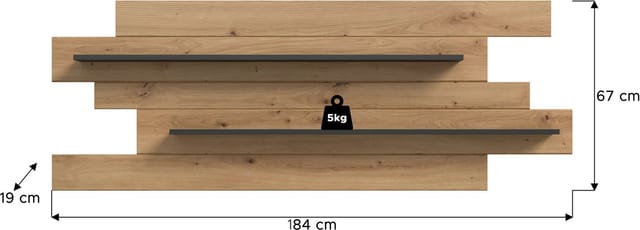 Home affaire Wandboard REHAT, Breite 180 cm, inkl. 2 Ablageböden, 1-tlg., Wandregal, Wandpaneel, Regal, Paneel, Ablageboard