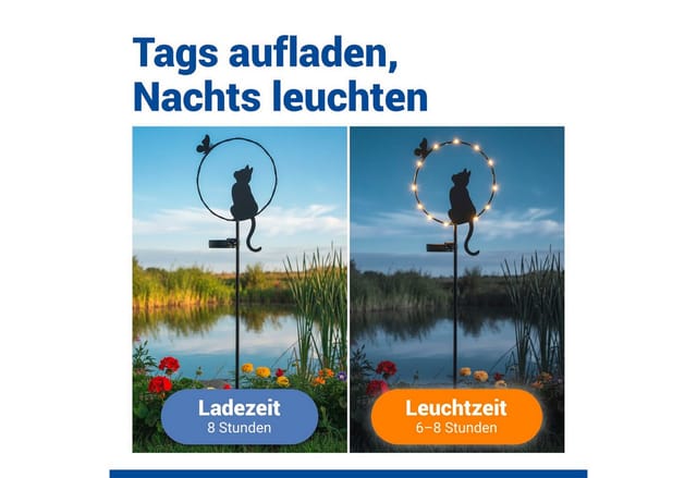 Maximex LED Gartenleuchte Modell Katze und Schmetterling, Ein-/Ausschalter, LED fest integriert, Warmweiß, solarbetriebener Gartenstecker, leuchtet bis zu 8 Stunden