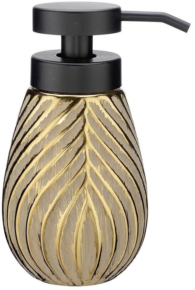 WENKO Badaccessoire-Set Modell Idro Gold, Seifenspender und Zahnputzbecher aus Keramik mit Linien-Struktur