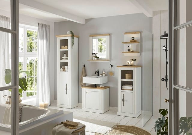 OTTO home Waschbeckenunterschrank WESTMINSTER, Waschtisch im Landhausstil, Badschrank mit Metallgriffen in 2 Farben verfügbar, mit Stauraum hinter Drehtür
