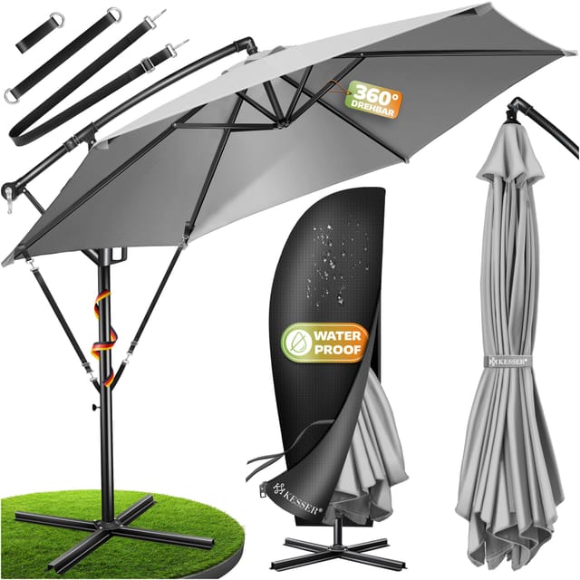 Kesser® Ampelschirm Alu, Kurbel, Uv-schutz, Inkl. Abdeckung - 350cm, Hellgrau
