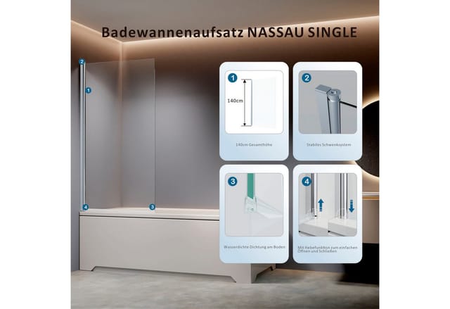 welltime Badewannenaufsatz BWA Nassau Single Clear, Sicherheitsglas