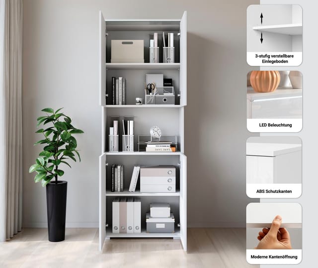 Home affaire Aktenschrank Vera, Mehrzweckschrank mit LED-Beleuchtung Praktischer Stauraum mit flexibel einstellbaren Ablageböden