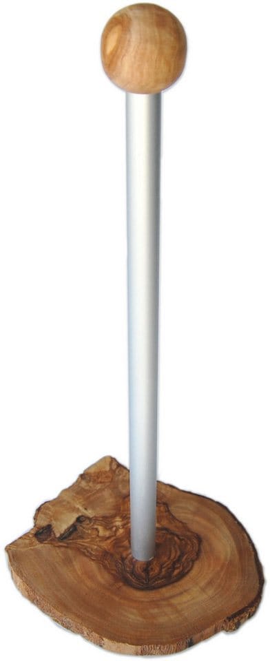Olivenholz-erleben Küchenrollenhalter KLASSIK mit Alustange und Olivenholz, (1-St), Standsicherer Fuß aus rustikaler Olivenholzscheibe, Höhe ca. 32 cm