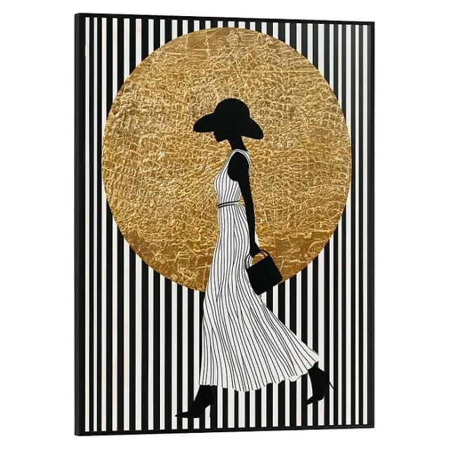 Reinders! Poster Walking Lady, Wohnzimmer - Dame - Streife - Schwarz-Weiß - MDF - Gold - 30x40 cm