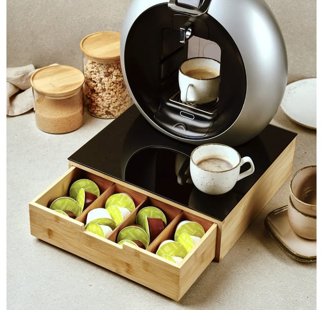 KESPER® Aufbewahrungsbox Schublade für Kaffee-Kapseln oder Tee, Bambus, FSC (1 St), mit Abstellfläche aus hitzebeständigem ESG-Sicherheitsglas