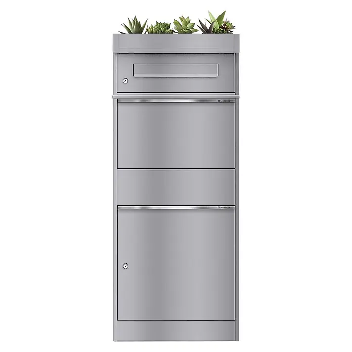 Metzler Paketbox BRFK PD BISPO (L x B x H: 37,4 x 50,3 x 119,9 cm, Graualuminium, Stahl, Paketfach, Mit Pflanzdach)