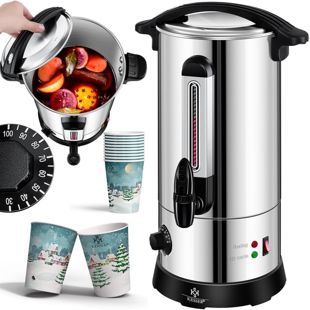 KESSER® Glühweinkessel 10L Edelstahl Inkl. 10x Becher Glühweinkocher mit Thermostat Glühweinautomat Heißgetränkeautomat Wasserkocher Heißwasserspender Einkochautomat Füllstandanzeige Zapfhahn