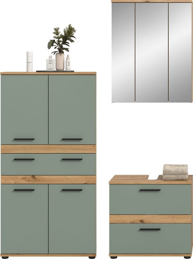 welltime Badmöbel-Set LUCCA, 3-tlg. Badkombination, viel Stauraum, modernes Design, (3-St., bestehend aus: Hochschrank, Waschbeckenunterschrank, Spiegelschrank), Bad-Kombination, Bad-Möbel, Badezimmer, Kombination, Kombi