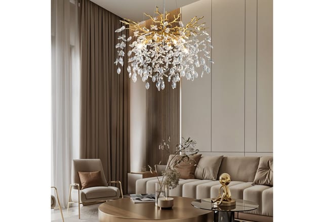Surtime Kronleuchter rund, 60 cm, Goldfarben, 8x G9, Kristall, 8 G9-Fassungen für gleichmäßiges Licht, LED wechselbar, 3000 K Warmweiß, K9-Kristalldesign im Ast-Stil