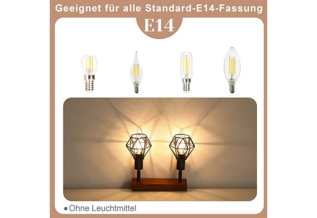 Nettlife Deckenleuchte Holz Deckenlampe E14 Metall Schwenkbar 350°, Schwenkbar 350°, LED wechselbar, für Wohnzimmer Flur Schlafzimmer