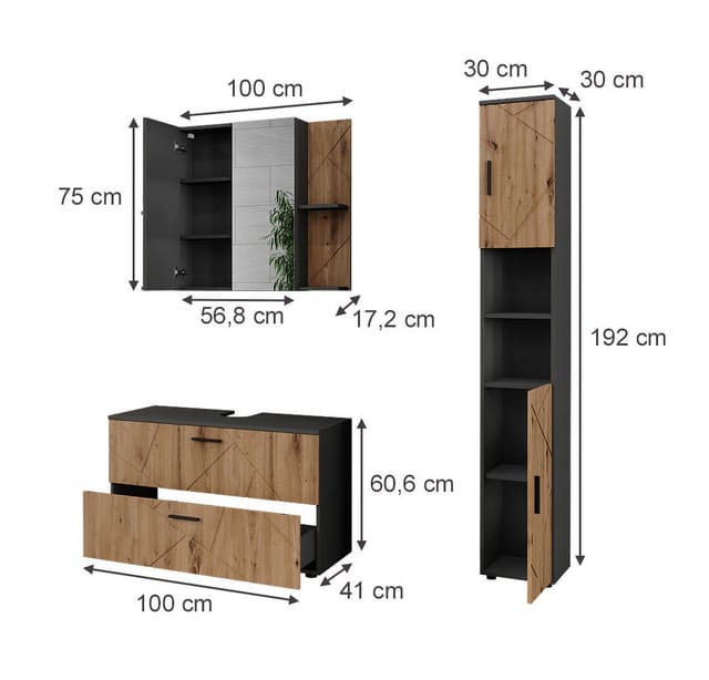 Vicco Badmöbel-Set Irma, Anthrazit/Goldkraft Eiche, 3-teilig, (3-St., 3er Set)