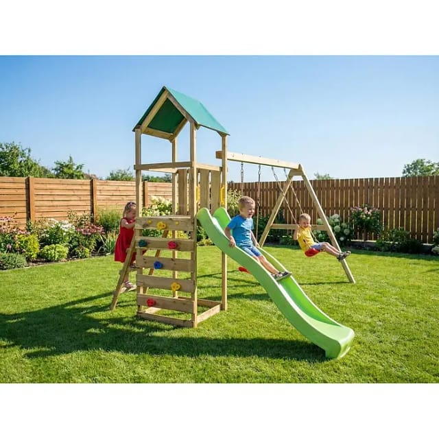 FUNGOO Spielturm MaxPlay 2.1, mit Rutsche, Doppelschaukel und Kletterwand