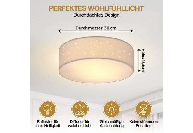 monzana Deckenleuchte, 30 cm, Sternenhimmel Rund Stoffschirm 30 cm 1-Flammig E27 Modern