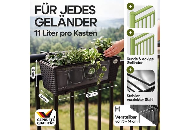 Casaria Blumenkasten, 4er Set 11 Liter Montagehalterung Indoor Outdoor Geländerkasten