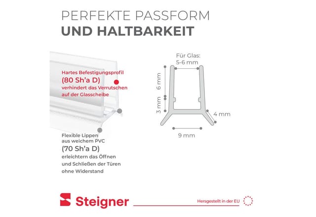 STEIGNER Duschdichtung 30cm Gerade PVC Ersatzdichtung für Dusche, L: 30 cm, (1 Stück Packung, Einzeldichtung), Glasstärke 5/6 mm Model: UK24-06