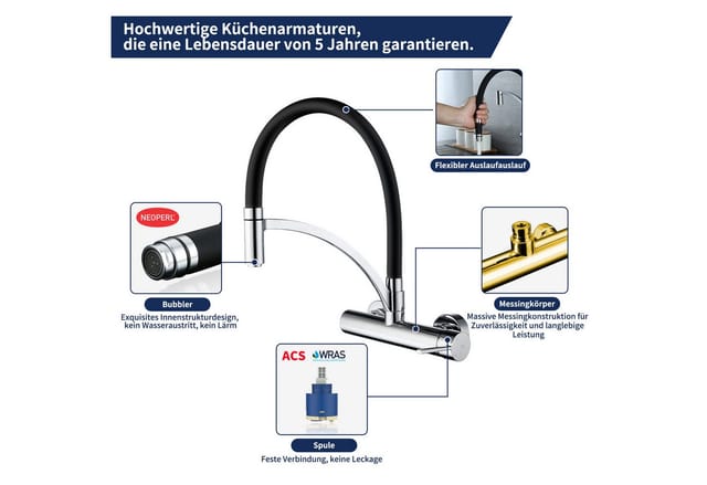 HOMELODY Spültischarmatur Wasserhahn Küche Wandmontage 180° drehbar Wand Spültischarmatur (Spülbecken armatur) Ausziehbare Küchenarmatur,Messing,Schwarz