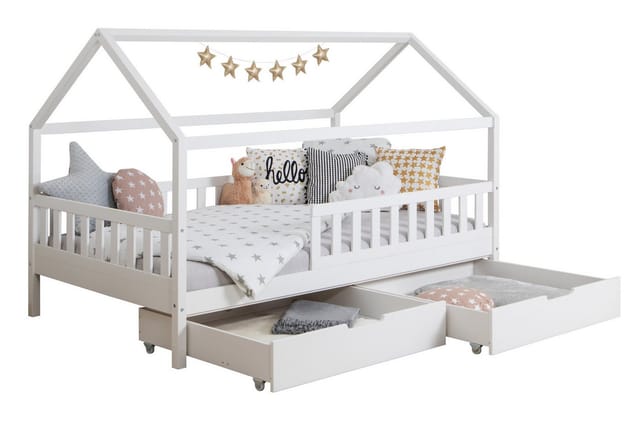 Ticaa Hausbett Kay mit Rausfallschutz und Schubkasten aus Kiefer, Kinderbett 120x200, inkl. Dach, mit Rollrost