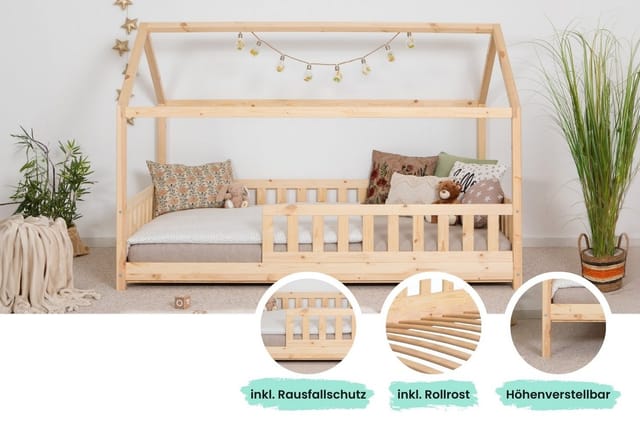 Ticaa Hausbett Kay mit Rausfallschutz aus Kiefer, Kinderbett 120x200, inkl. Dach, mit Rollrost