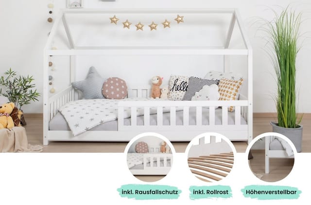 Ticaa Hausbett Kay mit Rausfallschutz aus Kiefer, Kinderbett 100x200, inkl. Dach, mit Rollrost, mit Matratze
