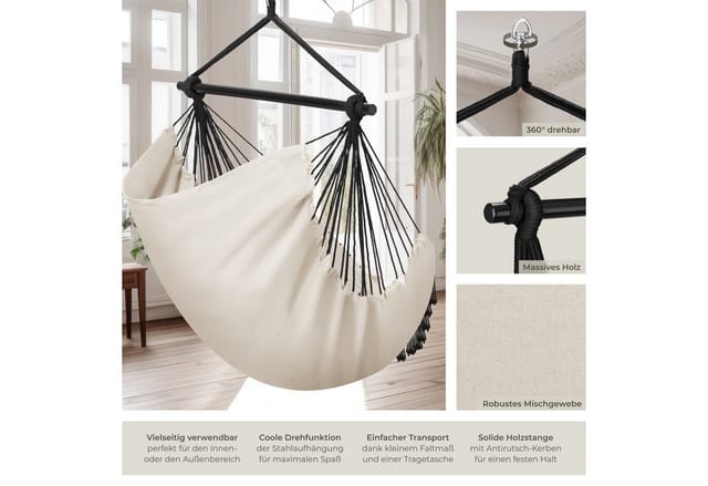tectake Hängesessel Hängeschaukel, Belastbarkeit 150 kg, ca. 100 x 150 x 150 cm (Hängestuhl Malika, in Beige), dicke Kissen, mit Bücherfach & Flaschenhalterung, inkl. Tragetasche