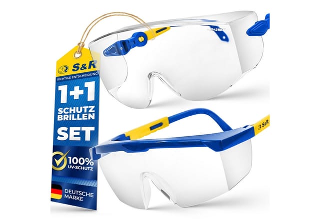 S&R Arbeitsschutzbrille Überbrille für Brillenträger, EN166, verstellbare Bügel, UV 400 Schutz, (Set, 2St., 2 Sicherheitsbrillen 1 Schützhülle, 1 schonendes Reinigungstuch), Sicherheitsbrillen aus stoßfestem Polycarbonat, transparent