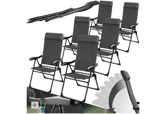 tectake Campingstuhl Faltbarer Aluminium Campingstuhl mit Kopfpolster, 57 x 65 x 112 cm (Outdoor Balkonstuhl Müritz für Außen in Anthrazit, 6 St), Textilene-Gewebe, wetterfest und UV-beständig, Belastbarkeit 120 kg
