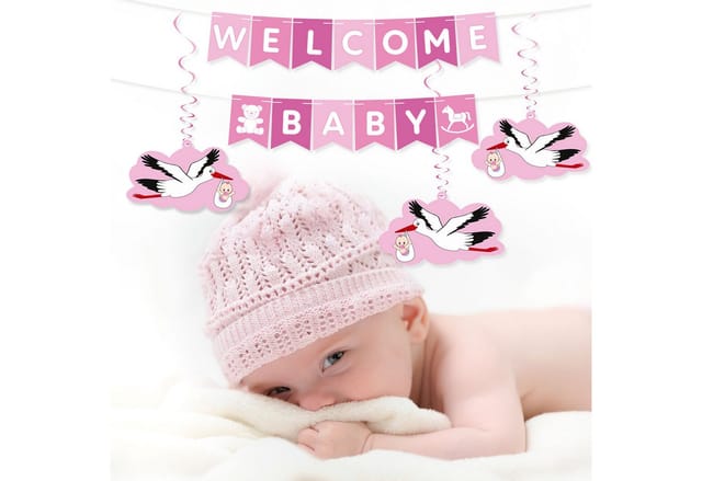 BRUBAKER Girlande Welcome Baby Wimpelkette für Jungen und Mädchen mit Storchanhängern, Willkommensdeko Set für Zuhause, Babyparty und Babyzimmer Dekoration