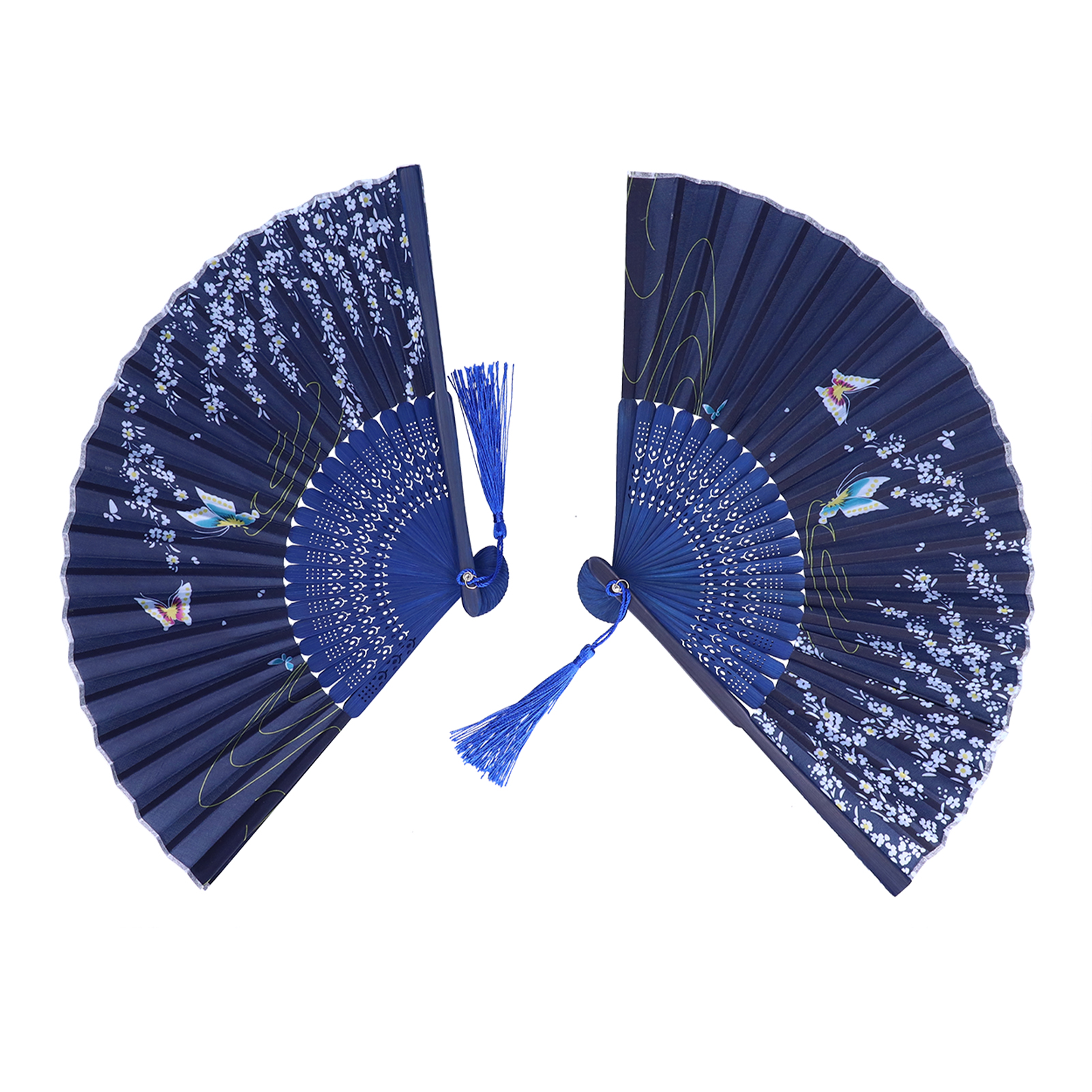 Blauer Faltfächer Für Gruppentänze, Kleiner Schmetterling Und Kirschblüten, Dekoration Und Geschenk