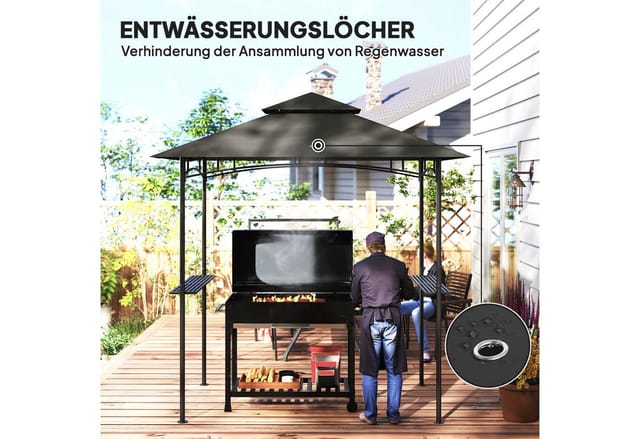 Outsunny Grillpavillon mit LED, 240 x 150 x 258 cm, mit Doppelschichtdach, Seitenregalen, mit 0 Seitenteilen, (wasserabweisend flammhemmend Gartenpavillon, Gartenlauben), mit UV-Schutz, BBQ Pavillon für Party BBQ Beige