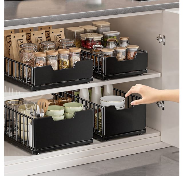 GarveeMore Küchenorganizer-Set Metall Ausziehbare Schubladen für Küchen Schrank-Organisator Ausziehen, H18/11CM W30/25CM Schubladen für die Vorratskammer Badezimmer-Schrank