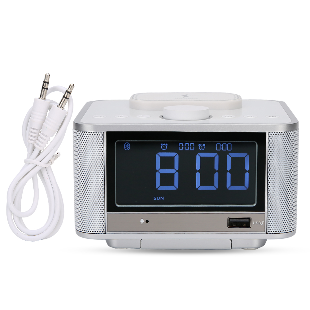 Bluetooth-lautsprecher Mit Radio, Digitalwecker Und Kabelloser Ladefunktion – Us-stecker 110–240 V, Weiß