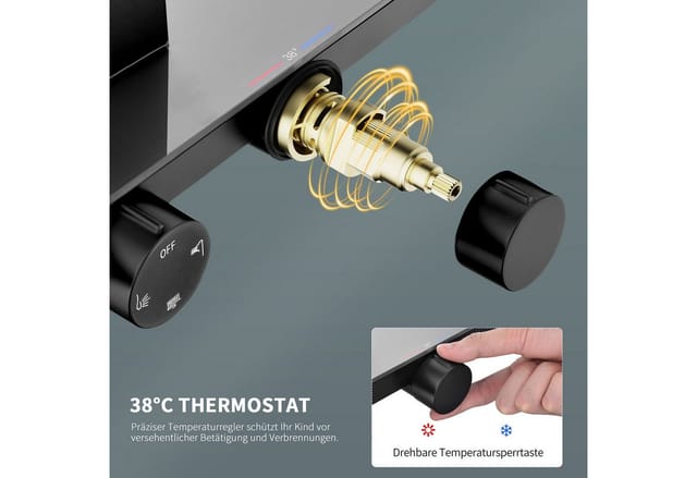 HOMELIVE Duschsystem mit Thermostat und Glasablage in Schwarz Matt,Brausegarnitur, 12 Zoll Regendusche, 3-Funktions-Handbrause, PPA-Kupfer, Aluprofil