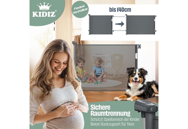 KIDIZ Türschutzgitter Treppenschutzgitter ausziehbar bis 140cm für Kinder, Babys & Haustiere (Schutzgitter für Treppen & Türen inkl. Bodenanker & Montagezubehör), Raumtrennung Absperrgitter kindersicheres Treppengitter
