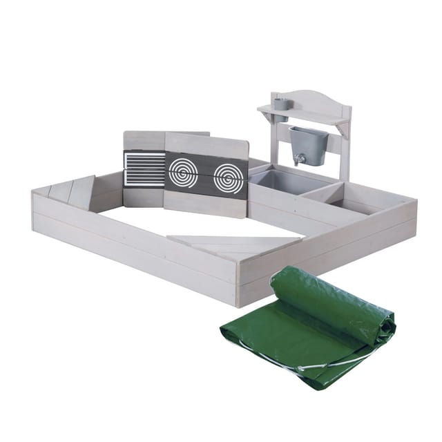 roba® Sandkasten aus Massivholz inkl. Matschküche & Abdeckplane, (Sandkiste mit Spielwanne, Wasserbehälter & bedruckten Herdplatten), Outdoor Kindersandkasten für Garten - Wetterfestes Holz Grau lasiert