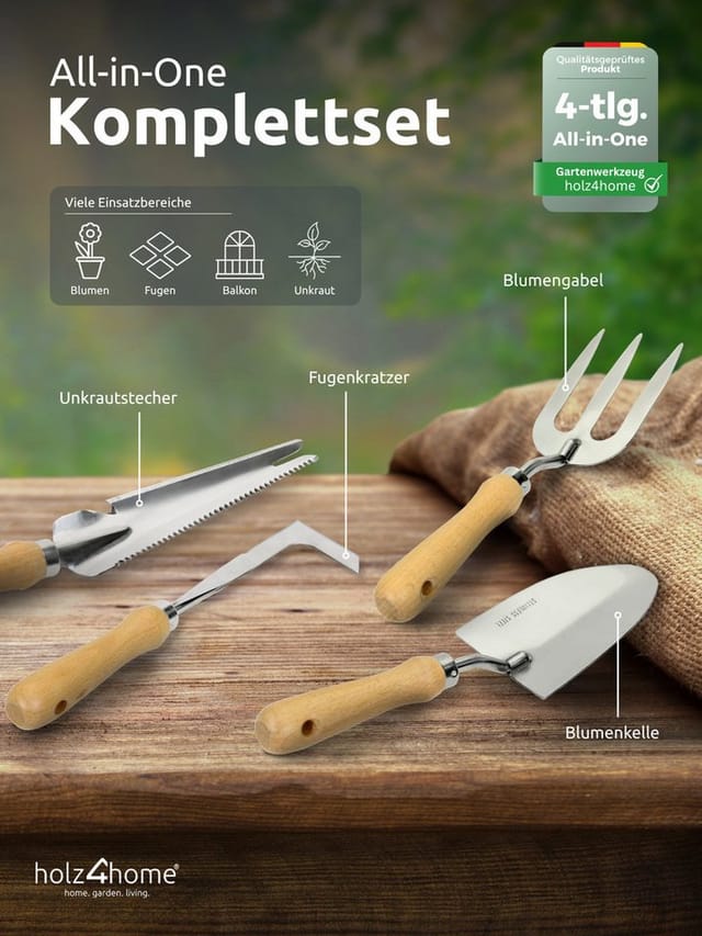holz4home® Gartenpflege-Set Gartenwerkzeug Set 4-tlg. I Gartengeräte Unkrautstecher I Holzgriff, Werkzeugset Edelstahl & Holz