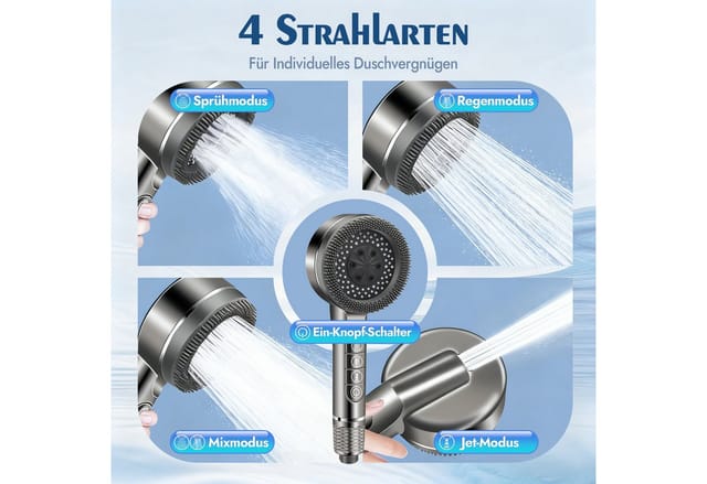 ANYSUN Handbrause Duschkopf mit Schlauch, Filter und Halterung ohne bohren, Wassersparender Handbrause Hochdruck, Duschkopf mit 4 Strahlarten