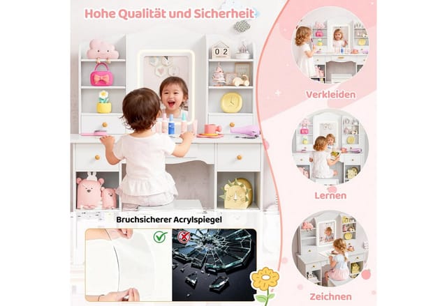 TLGREEN Schminktisch LED-beleuchteter Schminktisch für Mädchen mit Spiegel (Kinderschminktisch, 95cm großer Stauraum Schreibtisch Kinder, 5 Schubladen Spieltisch mit Beleuchtung und Sicherheitsacrylspiegel), Geschenk für Mädchen Geburtstag Weihnachten