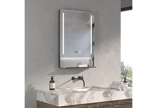 AQUALAVOS Badspiegel Wandspiegel Bad Spiegel mit Ablage 50x70cm LED Uhr Lightspiegel, Moderne Badspiegel mit Beleuchtung, Ablage, Uhr, Antibeschlag